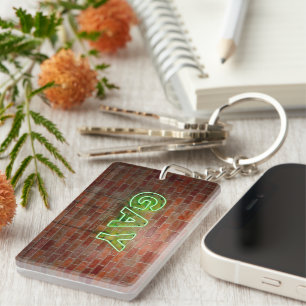 SlipperyJoe's vibrant neon gay sign green bricks w Key Ring