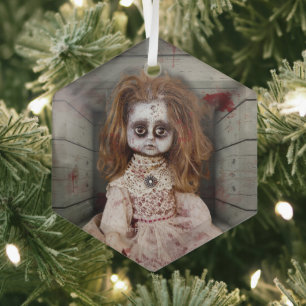 SlipperyJoe's vintage haunted porcelain doll creep Glass Tree Decoration