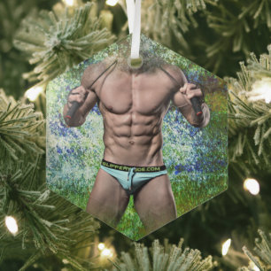 SlipperyJoe's white muscular sexy man speedo black Glass Tree Decoration