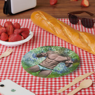 SlipperyJoe's white muscular sexy man speedo black Paper Plate