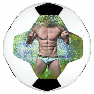 SlipperyJoe's white muscular sexy man speedo black Soccer Ball