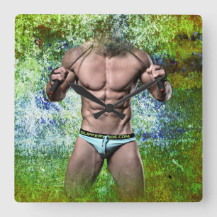 SlipperyJoe's white muscular sexy man speedo black Square Wall Clock