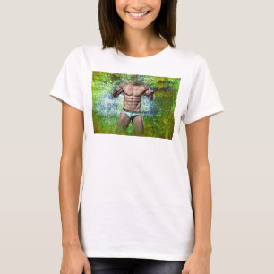 SlipperyJoe's white muscular sexy man speedo black T-Shirt
