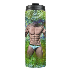 SlipperyJoe's white muscular sexy man speedo black Thermal Tumbler