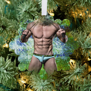 SlipperyJoe's white muscular sexy man speedo black Tree Decoration Card