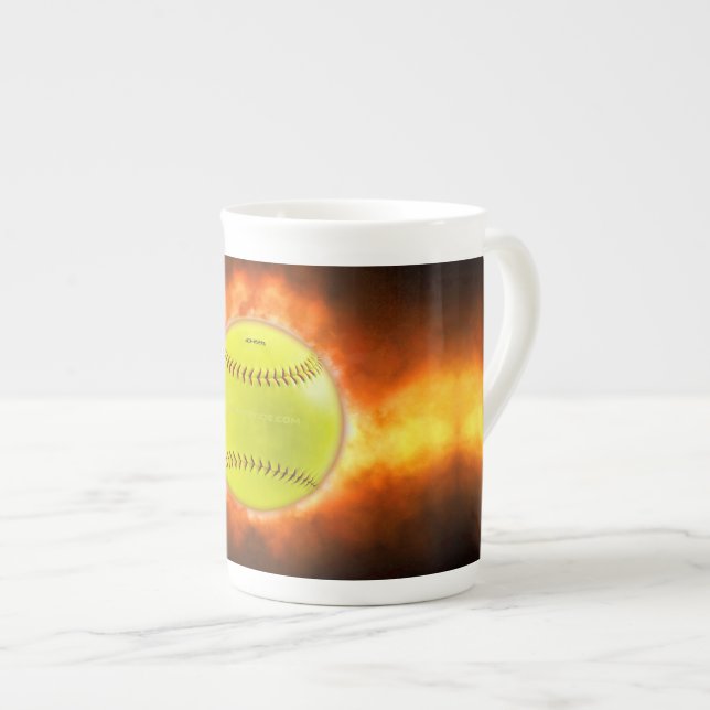SlipperyJoe's yellow softball fireball flames rasp Bone China Mug (Front Right)