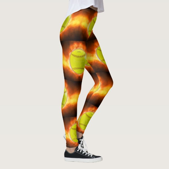 SlipperyJoe's yellow softball fireball flames rasp Leggings (Right)