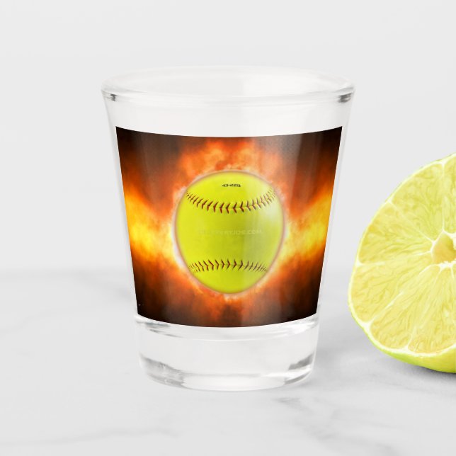 SlipperyJoe's yellow softball fireball flames rasp Shot Glass (Front)