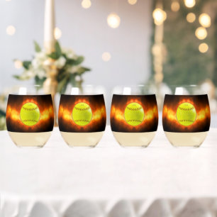 SlipperyJoe's yellow softball fireball flames rasp Stemless Wine Glass