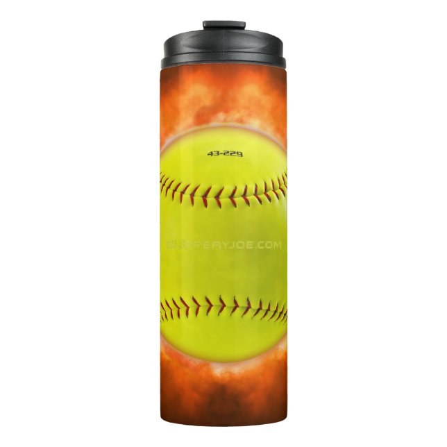 SlipperyJoe's yellow softball fireball flames rasp Thermal Tumbler (Front)