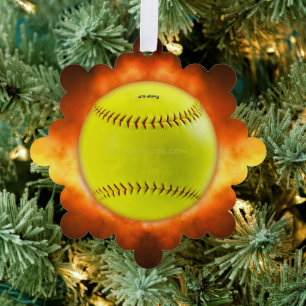 SlipperyJoe's yellow softball fireball flames rasp Tree Decoration Card