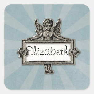 Sliver Angel Name Plate Blue Starburst Square Sticker