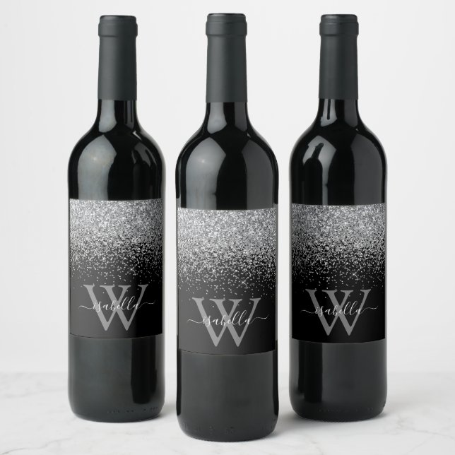 Sliver Black Glitter Elegant Script Name Wine Label (Bottles)