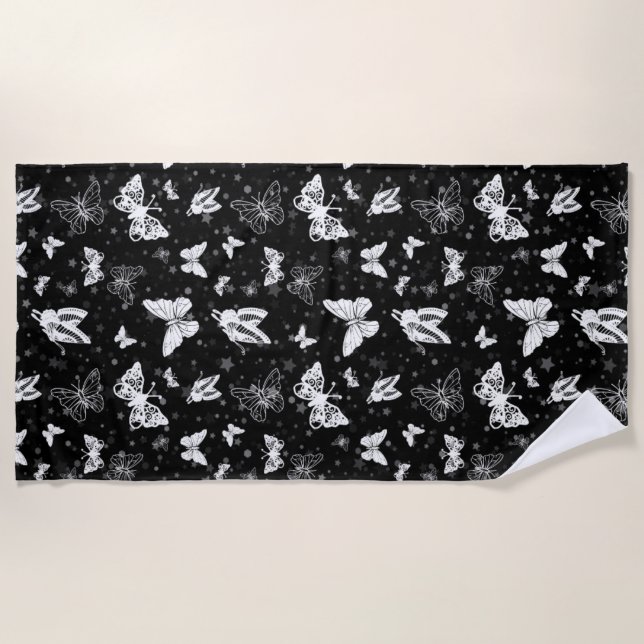 Sliver Glitter Butterfly Black Design  Beach Towel (Front)