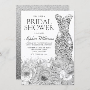 Sliver Grey Sparkle Dress & Floral Bridal Shower Invitation
