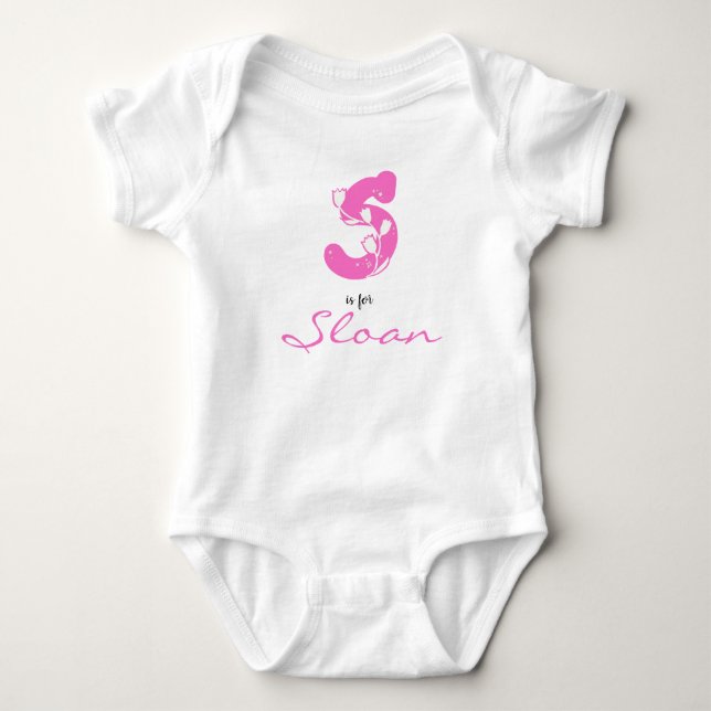 Sloan name Reveal Floral Letter S Pink Flower Baby Bodysuit (Front)