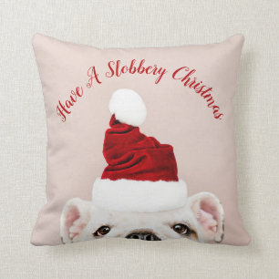 Slobbery Bulldog Christmas Dog with Santa Hat Cushion