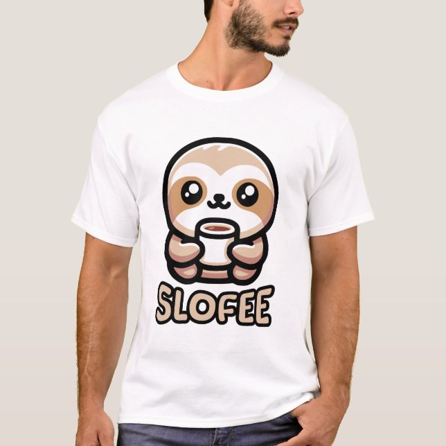Slofee! Cute Coffee Drinking Sloth Pun Cartoon T-Shirt (Front)