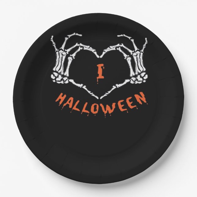 Slogan  Halloween. Heart Gesture Made Of Skeleton  Paper Plate (Front)