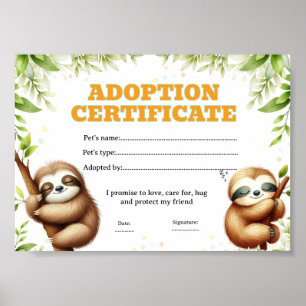 Sloth adopt a pet certificate editable poster