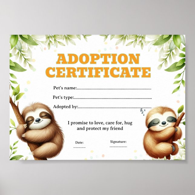 Sloth adopt a pet certificate editable poster (Front)