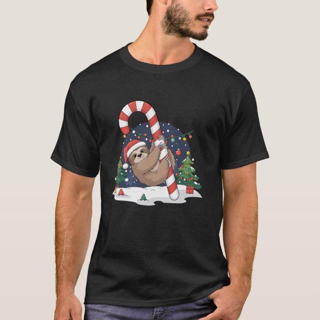 Sloth and Giant Candy Cane Christmas Pajama for Sl T-Shirt (Front)