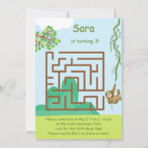 Sloth and leaves, maze puzzle birthday invitations