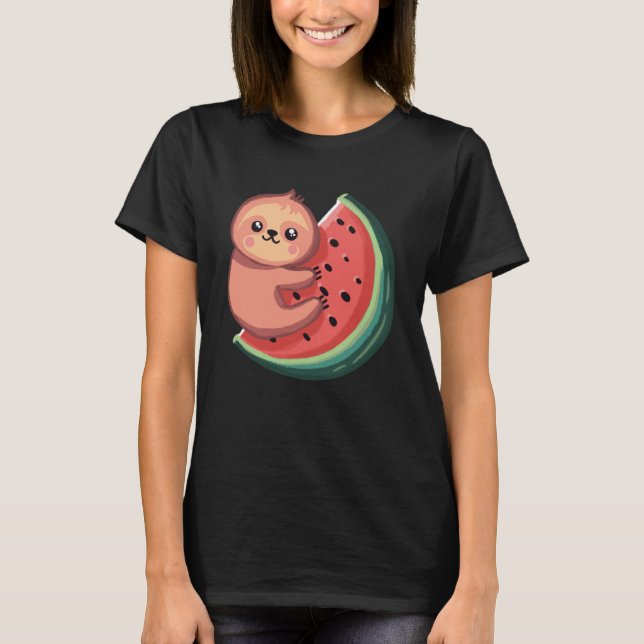 Sloth and Watermelon Melon Summer Fruit T-Shirt (Front)