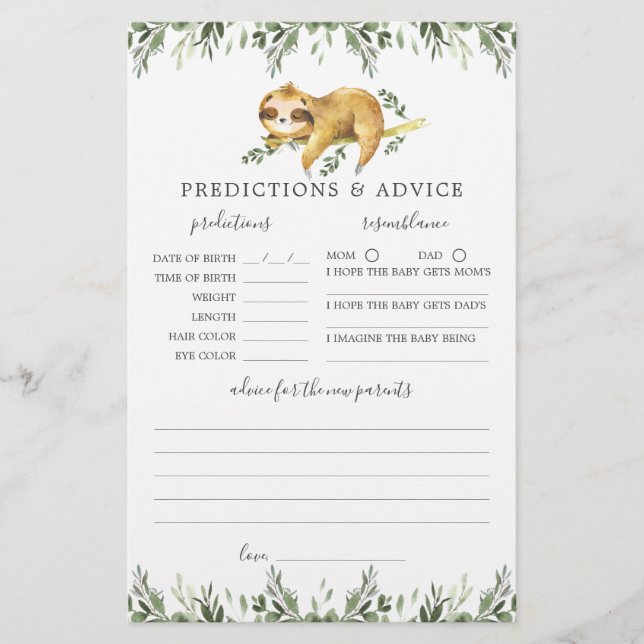Sloth Animals Baby Shower Predictions and Advice (Front)