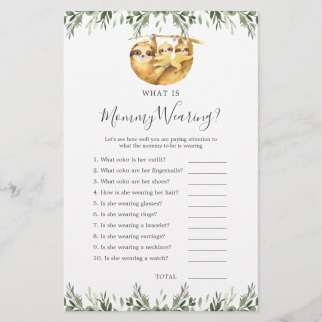 Sloth Animals Baby Shower What is Mummy Wearing (Front)