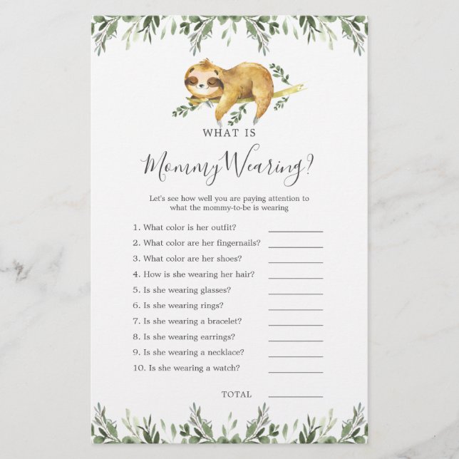 Sloth Animals Baby Shower What is Mummy Wearing (Front)