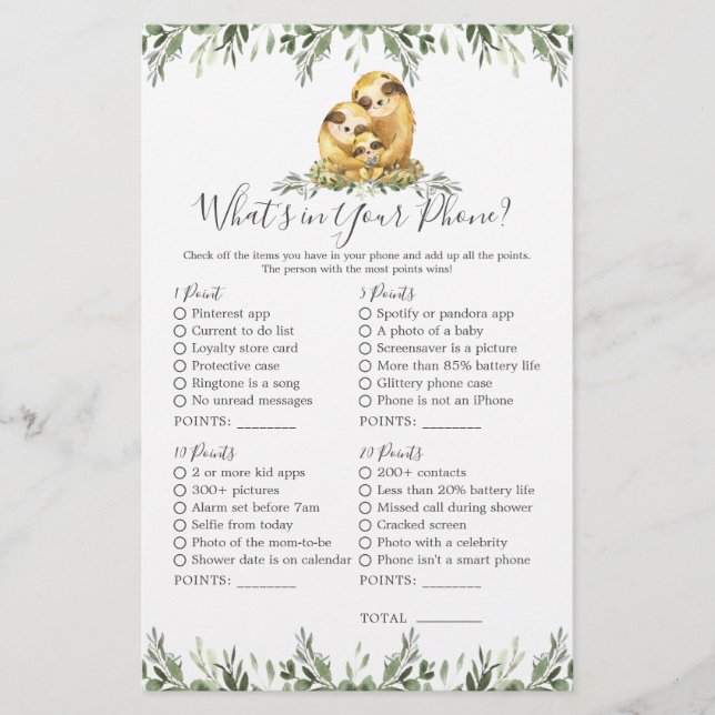 Sloth Animals Baby Shower What's in Your Phone (Front)