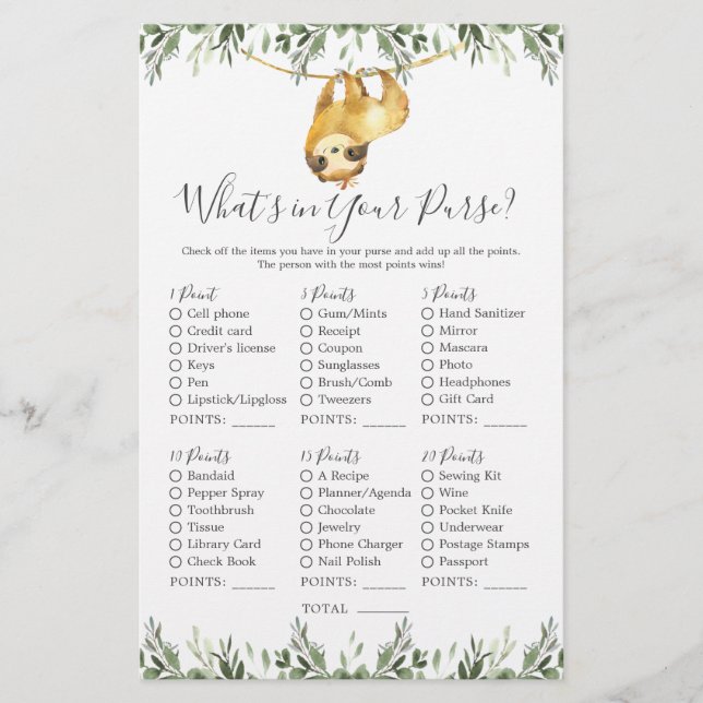 Sloth Animals Baby Shower What's in Your Purse (Front)