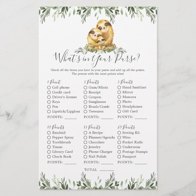 Sloth Animals Baby Shower What's in Your Purse (Front)