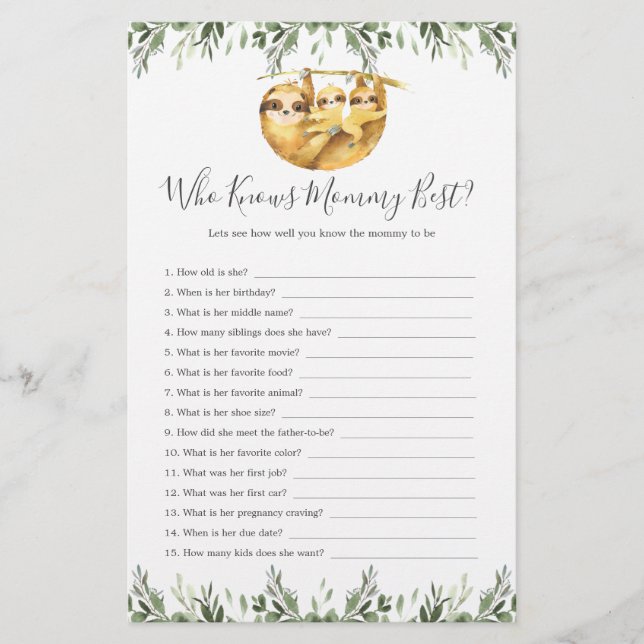 Sloth Animals Baby Shower Who Knows Mummy Best (Front)