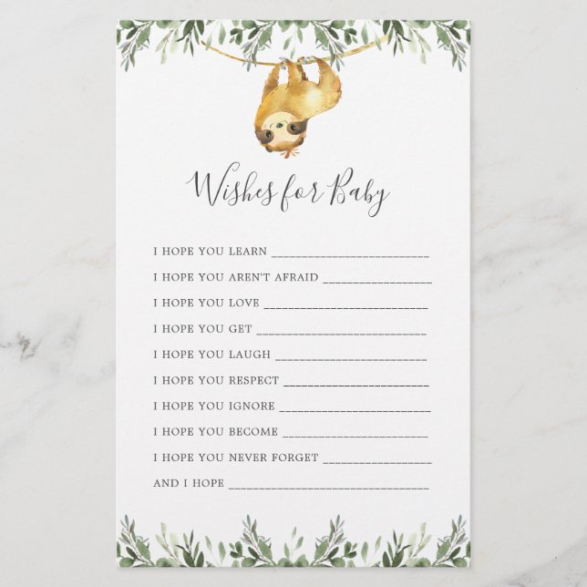 Sloth Animals Baby Shower Wishes For Baby (Front)