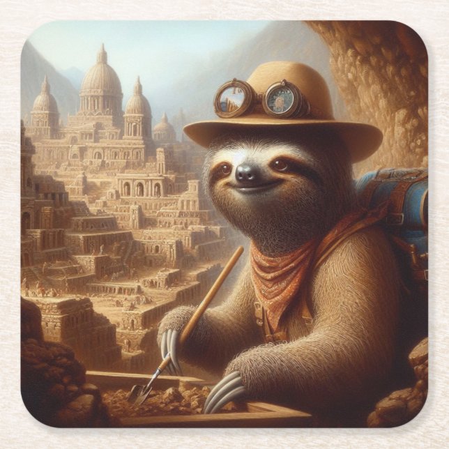 Sloth Archaeologist Square Paper Coaster (Front)