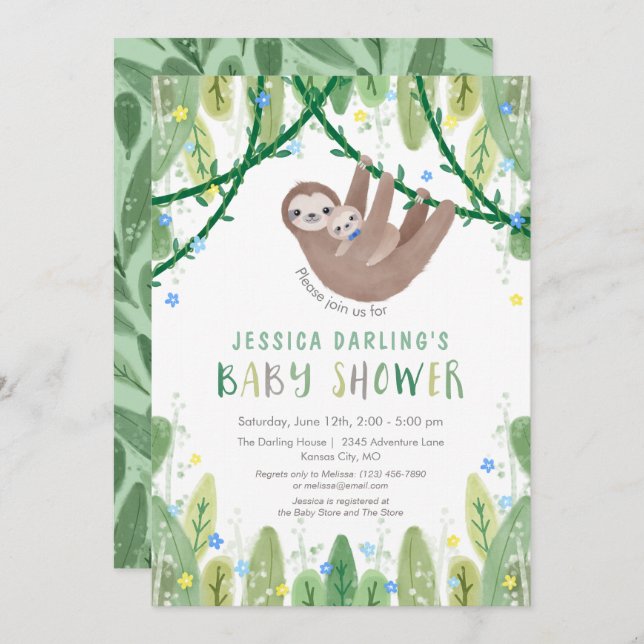Sloth Baby Boy Bow Tie Shower Jungle Theme Invitation (Front/Back)
