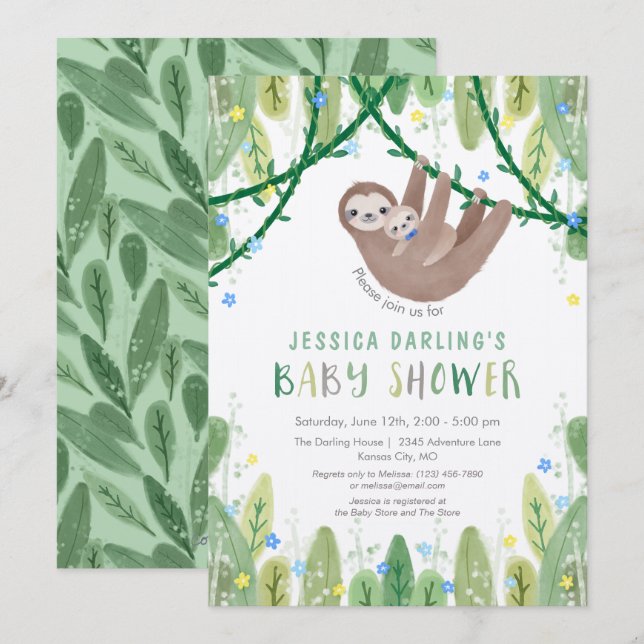 Sloth Baby Boy Bow Tie Shower Jungle Theme Invitation (Front/Back)