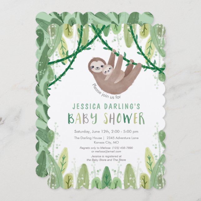 Sloth Baby Boy Shower Jungle Theme Invitation (Front/Back)