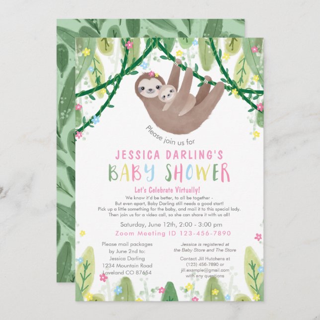 Sloth Baby Girl Virtual Shower Jungle Theme Invitation (Front/Back)