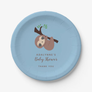 Sloth Baby Shower Boy Blue Brown Script Cute Paper Plate
