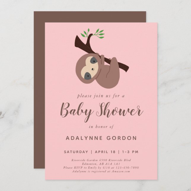 Sloth Baby Shower Girl Pink Brown Modern Simple  Invitation (Front/Back)
