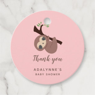 Sloth Baby Shower Girl Thank you Pink Script Cute Favour Tags