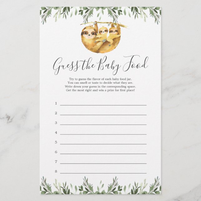 Sloth Baby Shower Guess The Baby Food Game (Front)