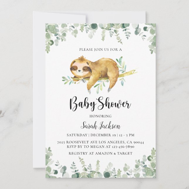 Sloth Baby Shower Invitation (Front)