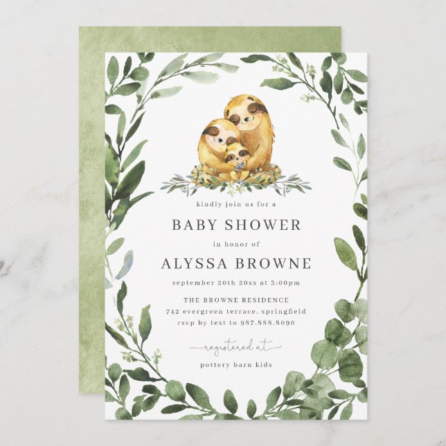 Sloth Baby Shower Invitation | Cute Woodland Theme (Front/Back)