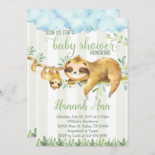 Sloth Baby Shower Invitation Invite (Front/Back)