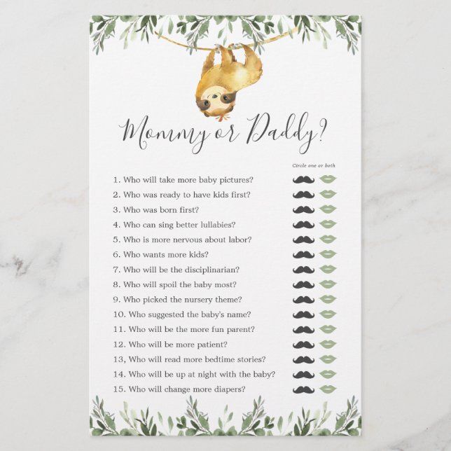 Sloth Baby Shower Mummy or Daddy Game (Front)