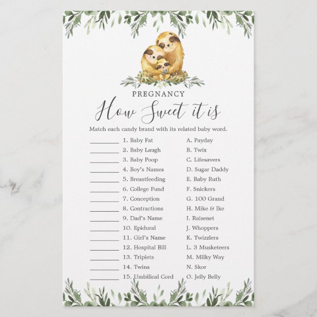 Sloth Baby Shower Pregnancy How Sweet It Is Game (Front)